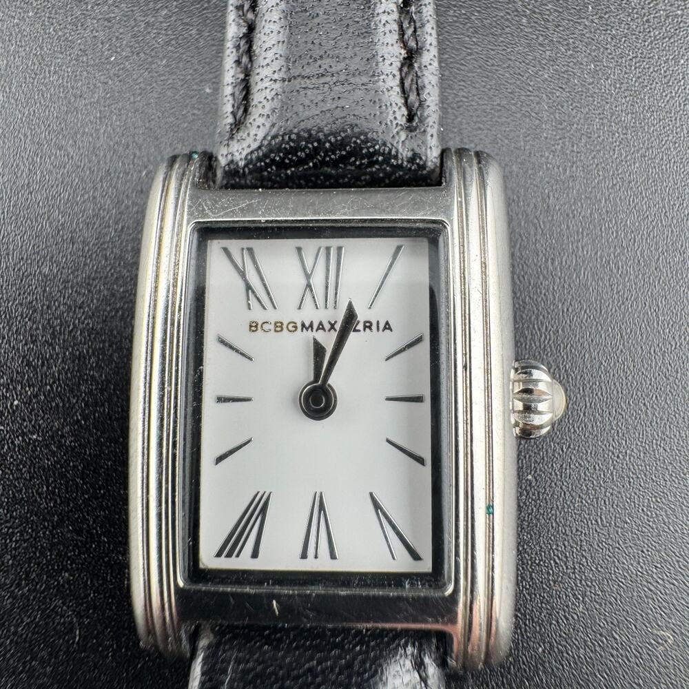 BCBGMAXAZRIA Silver Tone Rectangle Watch Black Leather